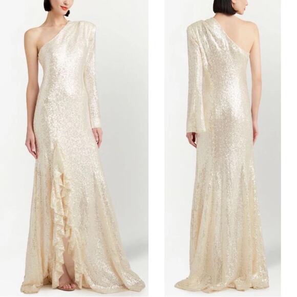 Cinq A Sept Angeline Sequin One Shoulder Ruffle Alabaster White Maxi Gown Sz 8 - Picture 2 of 11